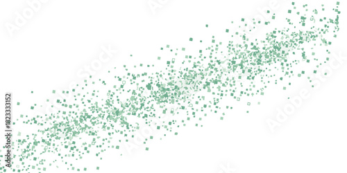 Dynamic ethereal burst of microscopic green particles, gracefully dispersed in a diagonal trajectory, evoking a sense of digital flow and abstract energy