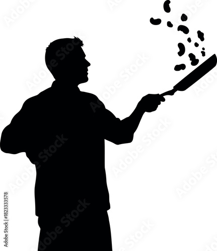 Male chef silhouette flipping ingredients in a hot frying pan