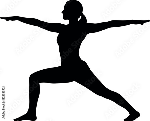 Female silhouette in warrior ii yoga pose, ideal for fitness