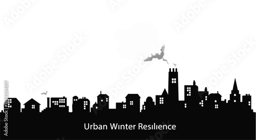 Silhouette of a city skyline with smoke rising from a chimney on a crisp winter day.