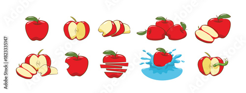 Set of red, yellow, and green apples in whole, bitten, core, halved, and sliced forms. Healthy fruit, freshness and nutrition concept. Flat vector illustration isolated on white background, vector ill