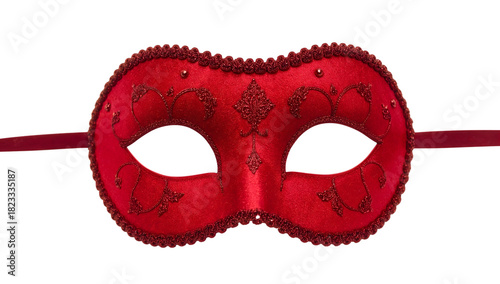 Elegant red venetian masquerade mask isolated on the transparent background with ornate detailing and ribbon ties