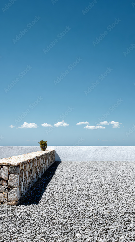 Fototapeta premium Stark landscape with stone wall and small plant under clear blue sky in coastal area