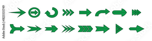 A simple green arrow pointing to the right direction on a white background. Collection of various green arrow icons with different shapes and directions, isolated on white background.