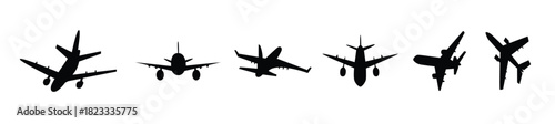 Set of airplane silhouette icons simple flat vector design elements for travel and transportation isolated on white background. Flat design air plane silhouette  vector illustration.