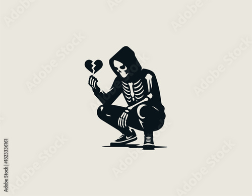 Stylized black vector graphic of a brooding hooded figure with a skeletal face crouching down while holding a distinctively cracked, broken heart in its visible bony hand.