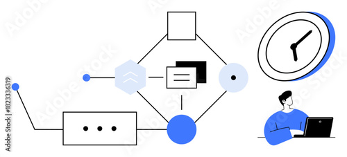 Workflow diagram with interconnected nodes, documents, timer, and person working on a laptop. Ideal for productivity, efficiency, task management, project planning, time management coordination