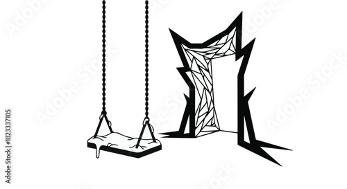 Eerie portal and lonely swing create a surreal, mysterious scene.