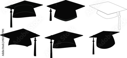 A collection of graduation caps, or mortarboards, in various styles and positions, representing academic achievement, education, and the completion of studies. one cap is outlined in white.