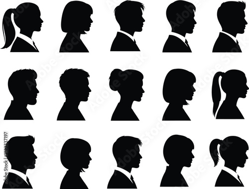 Diverse collection of profile silhouettes showcasing men, women, and children, each in formal business attire, representing a broad spectrum of individuals and professional settings. the graphics are 