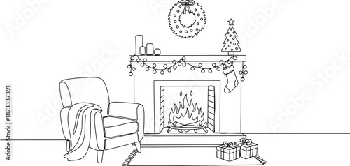 Fireplace christmas chair gifts wreath tree stocking lights cozy holiday home