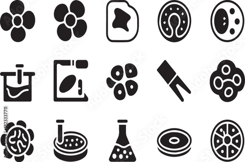 Collection of black science and biology icons on white background cell molecule