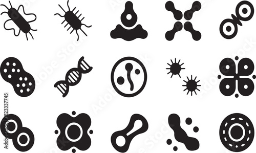 Collection of black and white abstract biological cell and microbe icons bacteria virus