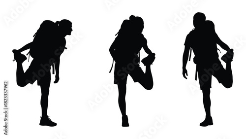 Hikers stretching silhouettes isolated on white background, Vector