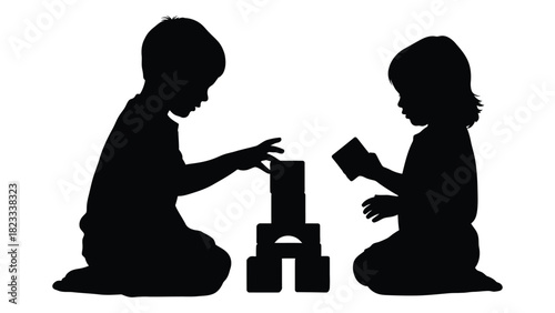 Children playing with building blocks silhouette isolated on white background, Vector