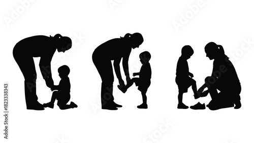 Parent and child learning development silhouettes isolated on white background, Vector