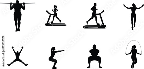 Silhouettes of people exercising fitness cardio strength and bodyweight training