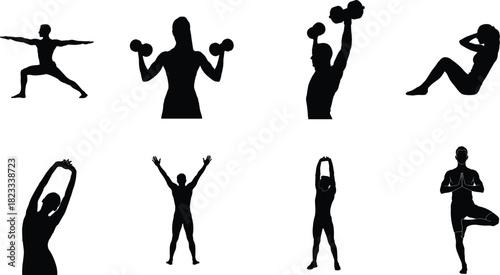 Silhouette collection of people exercising and stretching for fitness