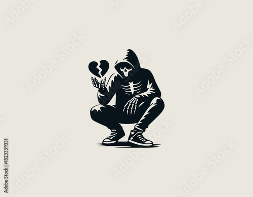 Stylized black vector graphic of a brooding hooded figure with a skeletal face crouching down while holding a distinctively cracked, broken heart in its visible bony hand.