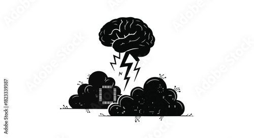 Creative idea sparks from the mind, symbolized by lightning and storm clouds.