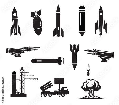 Military missile and rocket weapon icon set. Nuclear bomb, ballistic warhead, torpedo, launcher truck, and explosion silhouette collection.
