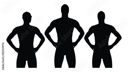 Three male silhouettes with hands on hips isolated on white background, Vector