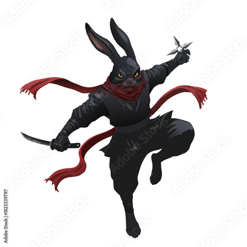 A black rabbit ninja in an action pose, holding a katana and a shuriken, with a flowing red scarf.