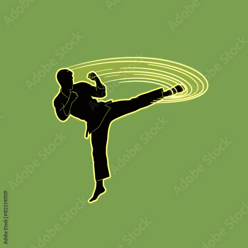 A black silhouette of a martial artist performing a powerful side kick with motion lines on a green background.