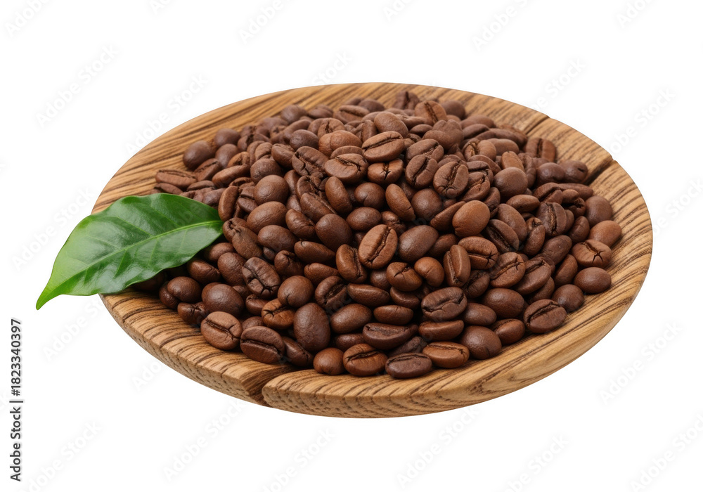 Fototapeta premium Wooden bowl filled with roasted coffee beans and a green leaf, isolated on transparent background