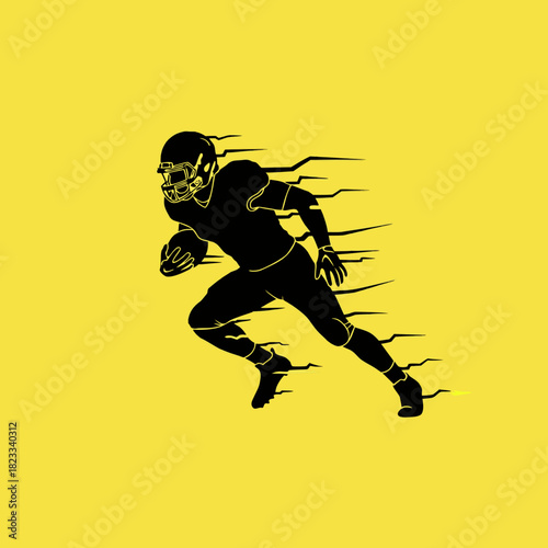 A dynamic silhouette of an American football player running with the ball, depicted with speed lines on a vibrant yellow background.