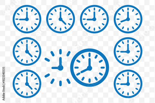 Vector illustration of twelve analog wall clocks in black outline, each showing a different hourly time from one to twelve. Analog clock icon set. 12 hourly time variations, black outline