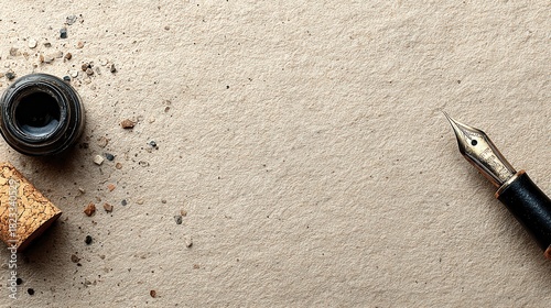 A detailed overhead view showcases a classic fountain pen nib and a small dark ink pot resting on a light brown granular textured surface resembling sand or soil.