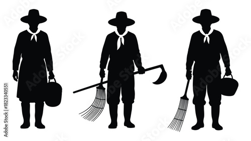 Farmers and gardeners with tools silhouettes isolated on white background, Vector