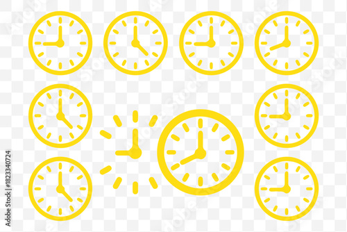 Vector illustration of twelve analog wall clocks in black outline, each showing a different hourly time from one to twelve. Analog clock icon set. 12 hourly time variations, black outline