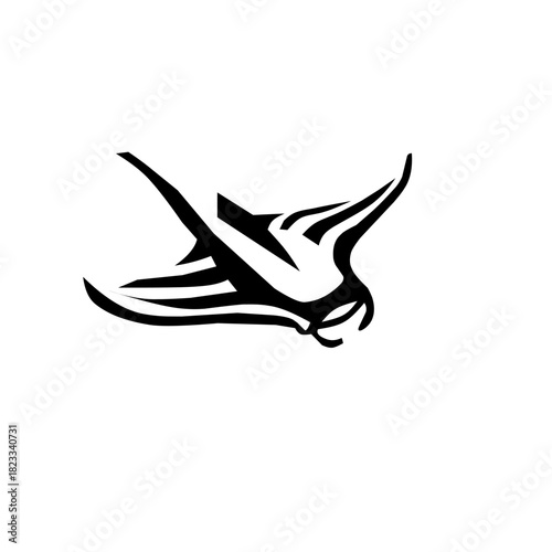 A powerful, stylized black and white manta ray logo design in flight posture. This minimal ocean animal icon is perfect for diving clubs, aquatic sports, marine life conservation, or fishing brands.