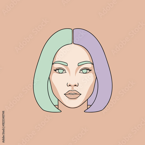 A minimalist vector illustration of a woman's head with split pastel green and purple bob hair on a peach background.