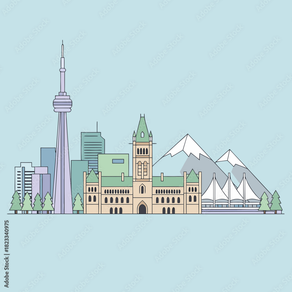 Obraz premium A flat design illustration of famous Canadian landmarks including the CN Tower, Parliament Building, and mountains, set against a light blue sky.