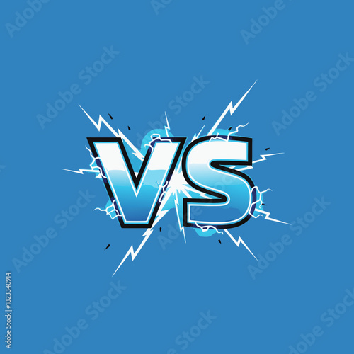 Stylized blue 'VS' letters with electric lightning effect on a solid blue background, representing competition.
