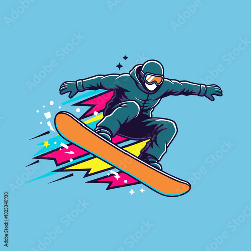 A dynamic cartoon illustration of a snowboarder performing a jump with colorful speed effects on a light blue background.
