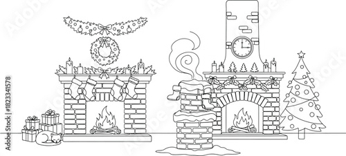 Christmas fireplace stockings gifts cat tree wreath holiday season winter joy