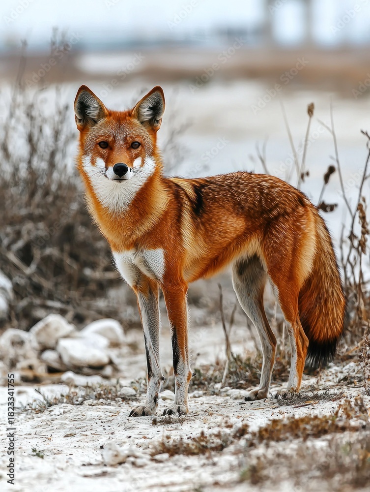Obraz premium Alert red fox stands on beach, soft neutral background, looking at the camera