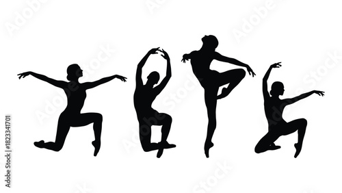Ballet dancer silhouettes in various poses isolated on white background, Vector