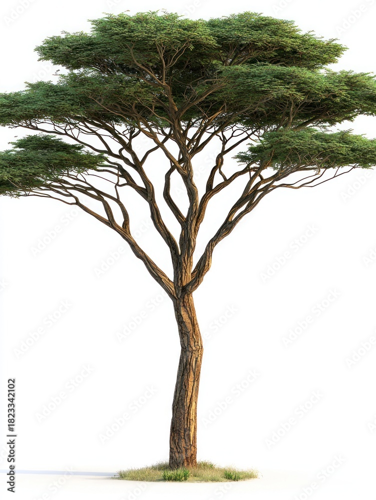 Fototapeta premium Acacia tree with spreading canopy on white background, short grass patch