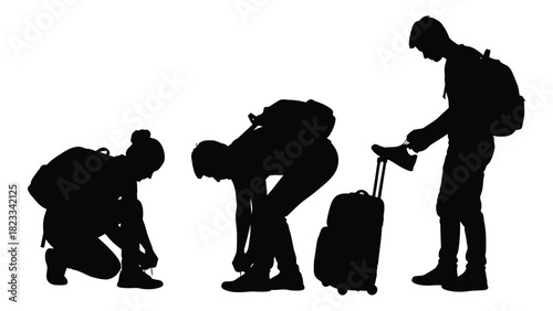 Travelers tying shoelaces silhouettes isolated on white background, Vector