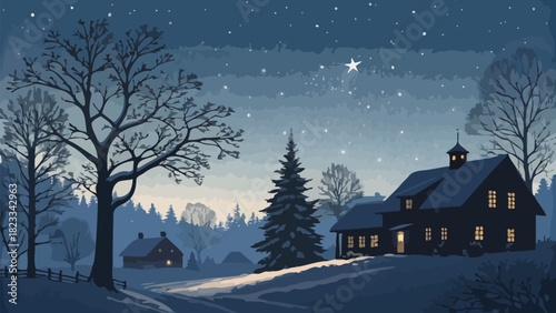 Enchanting winter night scene with cozy homes, glowing star, and snowy landscape, a peaceful holiday vibe