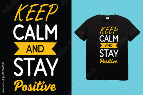 Black t shirt with bold colorful text graphic that says stay positive and a skull wearing sunglasses