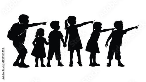 Children silhouettes pointing isolated on white background, Vector