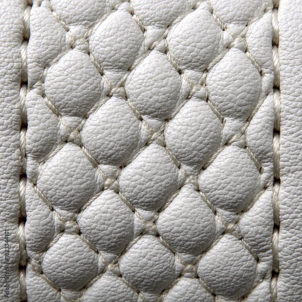 Naklejka premium Detailed macro shot of a white leather material featuring a diamond shaped quilting pattern and visible stitching. The texture shows a subtle grain and a slightly reflective surface.