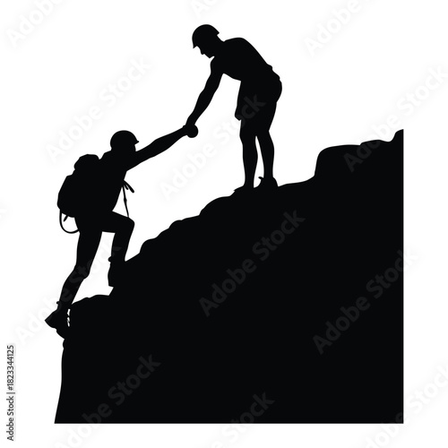 Climber Helping Partner Up Mountain Silhouette Vector Illustration, Teamwork and Assistance Concept