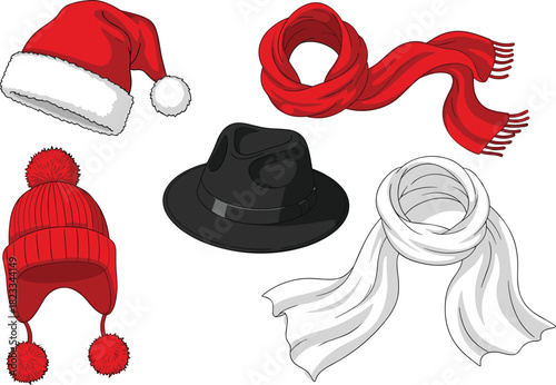 Cozy Winter Hats and Scarves Collection, Including Santa Hat, Red Pom-Pom Beanie, Black Fedora, and Red and White Woven Scarves, Isolated Illustration